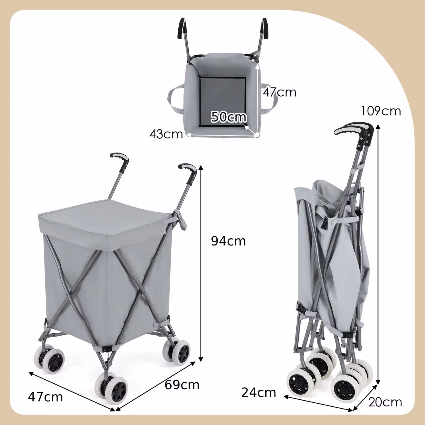 Gymax 90L Folding Lightweight Grocery and Utility Shopping Cart, Grey – 3