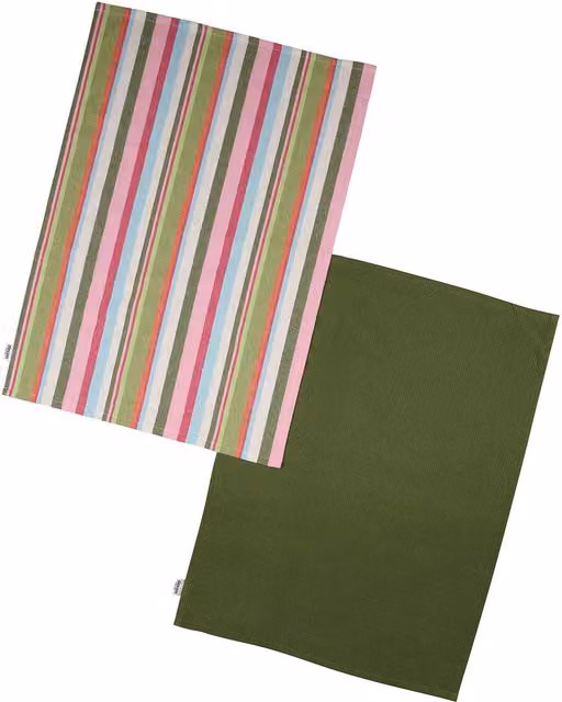 Dexam Striped Cotton Set of 2 Tea Towels with Hanging Loops in Green and Multicolour – 1