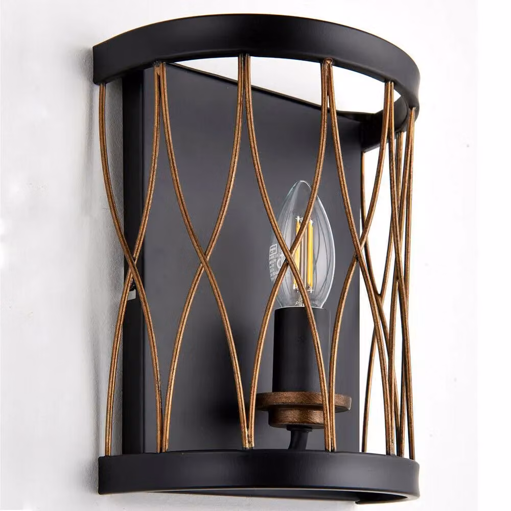 Loops Dimmable LED Industrial Wall Light in Matt Black and Bronze Metal Cage Lantern – 3