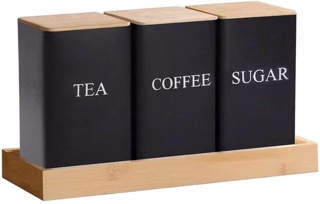 SPETLEK 3 Piece Metal and Bamboo Coffee, Tea and Sugar Storage Set in Black