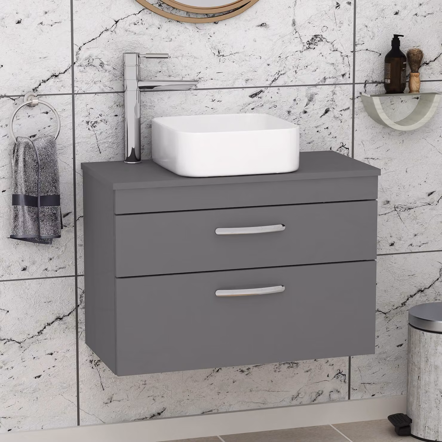 Royal Bathrooms 800mm Wall Hung Vanity Unit with 2 Drawers and Elena Countertop Basin in Indigo Grey Gloss