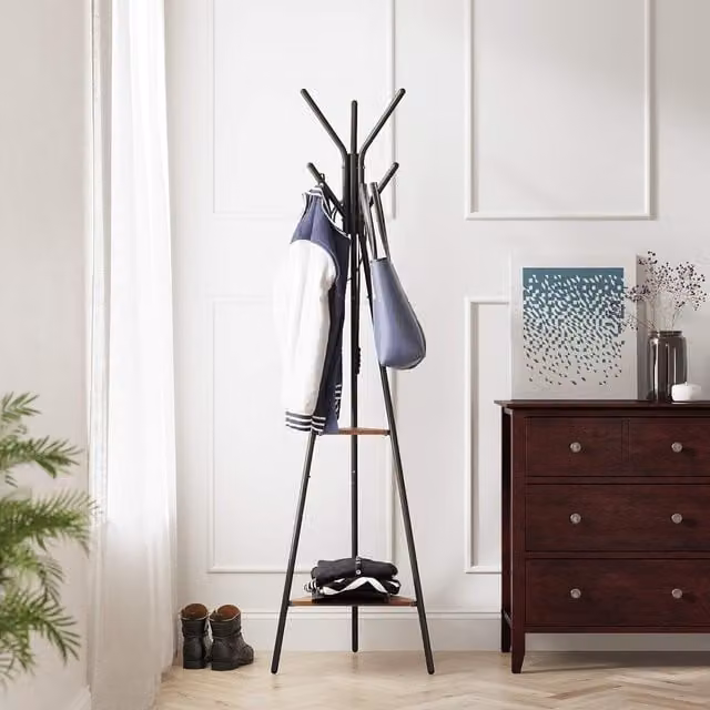 The Bazaarist Industrial Hall Tree Coat Rack with 2 Shelves in Hazelnut Brown and Black