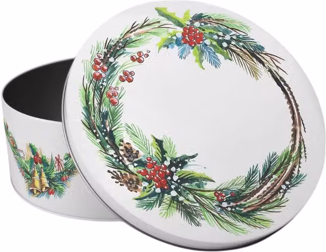 Purely Home Round Small Christmas Wreath Cake Tin in Multicoloured and White