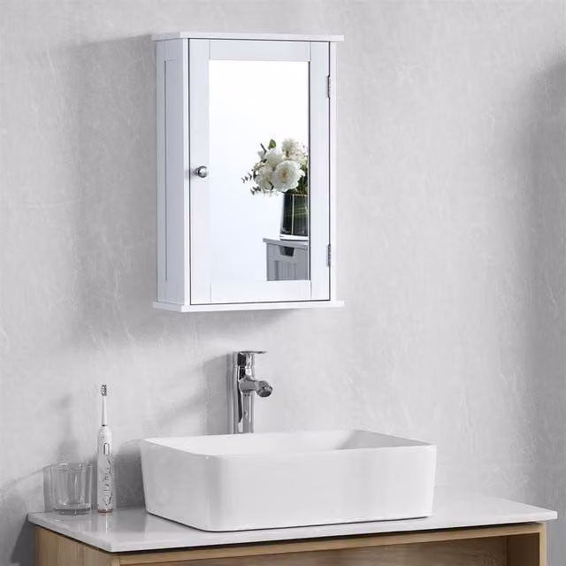EONLION White Wooden Bathroom Wall Cabinet with Mirrored Hinged Doors