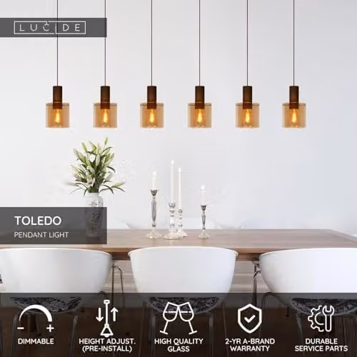 Lucide Toledo Dimmable Adjustable Vintage Bar Pendant Light in Copper and Amber Glass, W/D/H: 120 x 20 x 165 cm – 2