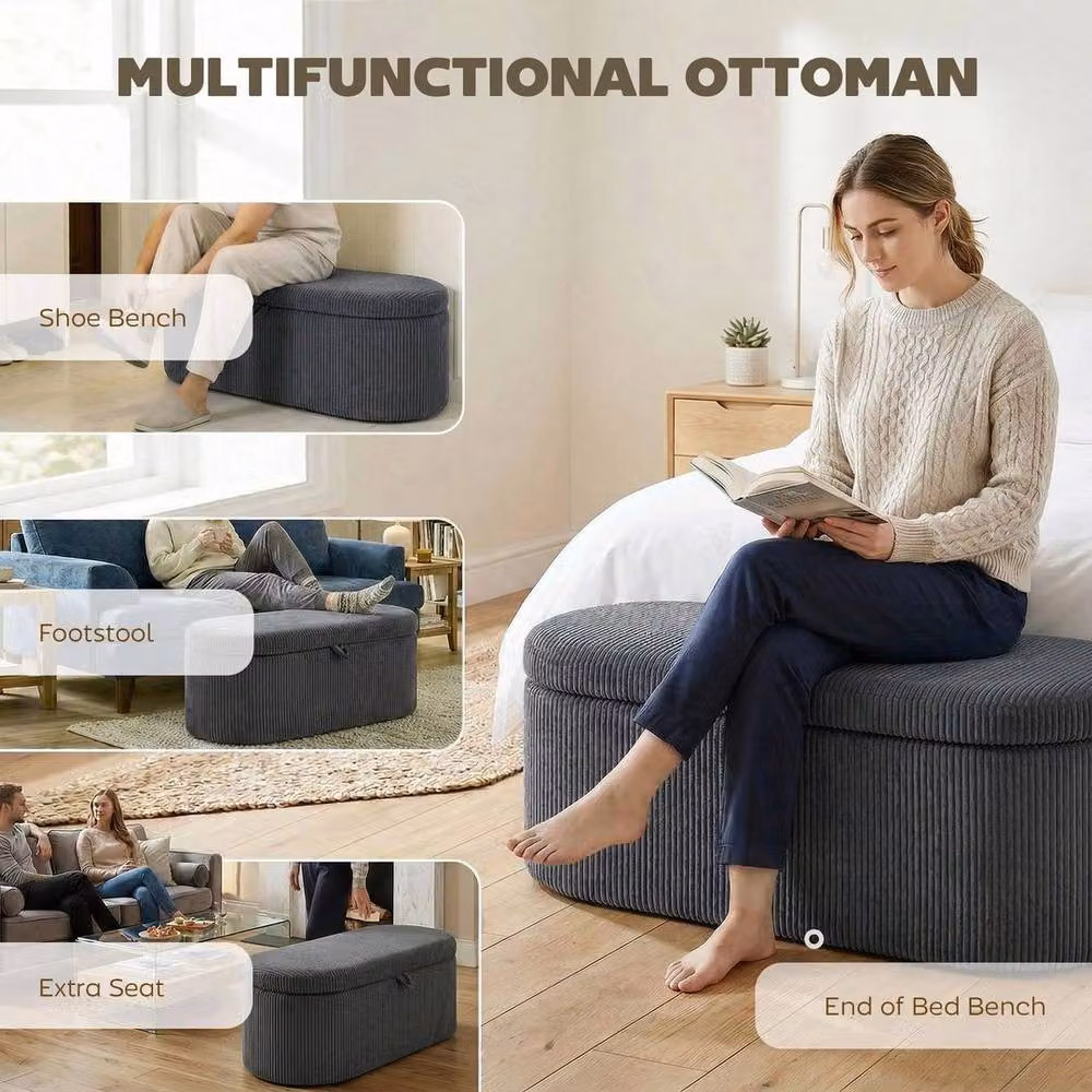 KORVIXA Grey Corduroy Ottoman Storage Box with Padded Seat, W/D/H: 100 x 100 x 45 cm – 5