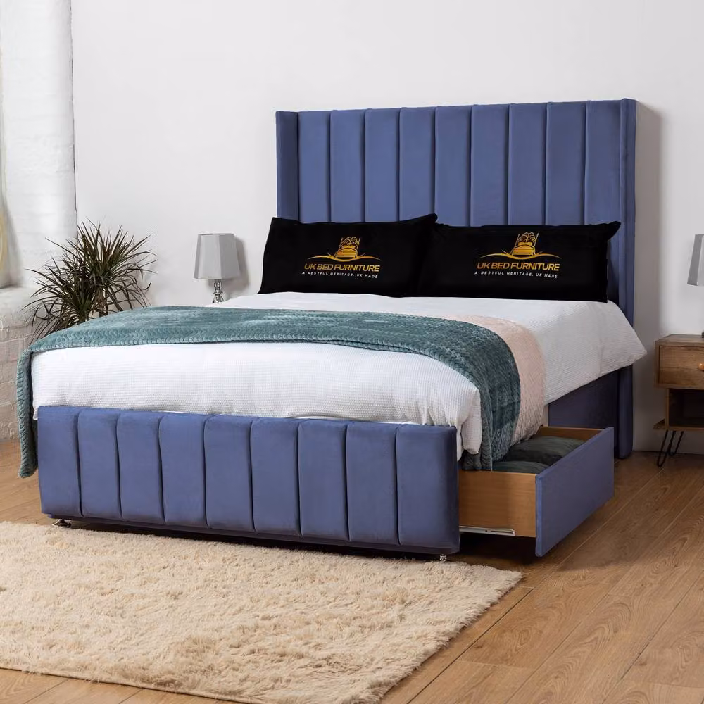 UK Bed Furniture Arizona Wingback Divan Bed Base with 54 Inch Headboard in Blue Velvet, Size: 180 x 200 cm – 2