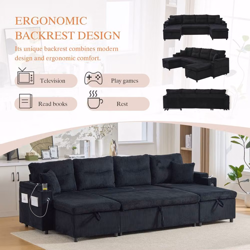 BTM 4 Seater Corduroy Sleeper Sofa with Storage, USB Charging and Cup Holders, Black – 7