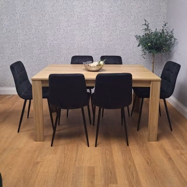 Kosy Koala Oak Effect Dining Table Set with 6 Black Velvet Chairs in Brown