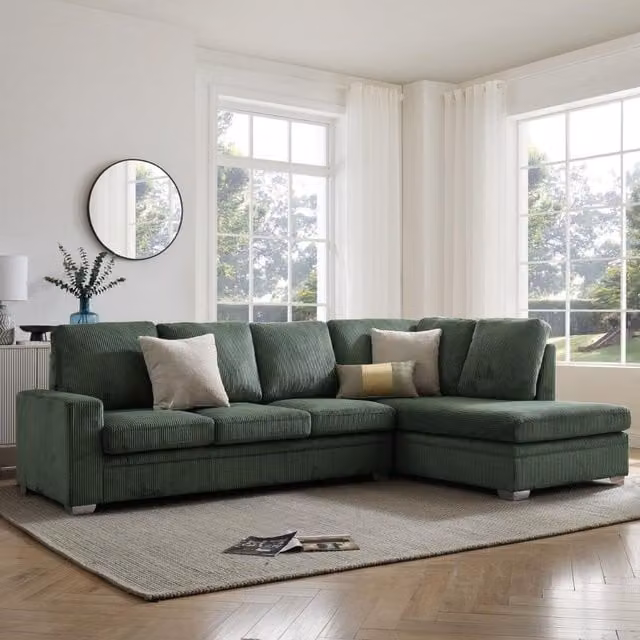 Alana Right-Facing L-Shape Corner Sofa in Green Fabric with Scatter Cushions
