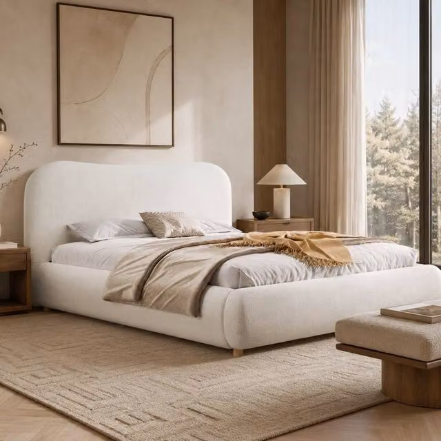 ModernLuxe Bouclé Upholstered Ottoman Bed Frame with Curved Headboard in White, King Size – 1