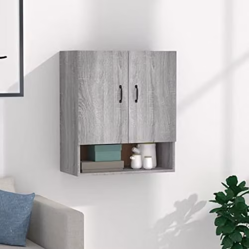 vidaXL Grey Sonoma Wall Cabinet in MDF with Hinged Doors and Open Shelf, W: 60 cm, D: 31 cm, H: 70 cm – 2