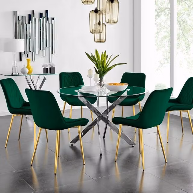 FurnitureboxUK Novara Gold Round Glass Dining Table and Six Pesaro Gold Leg Chairs in Green, Diameter: 120 cm