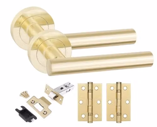 Golden Grace Straight T-Bar Door Handle Latch and Hinge Set in Gold Brass