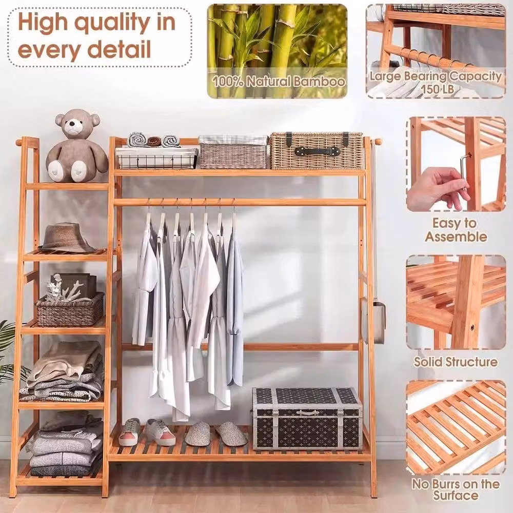 FORGEVIO Brown Bamboo Open Wardrobe Closet with Continuous Linear Hanging Clothes Rail – 2