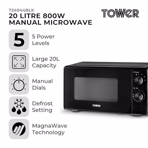 Tower 20 Litre 800W Solo Manual Microwave with Timer and Dial Controls, Black, T24044BLK – 2