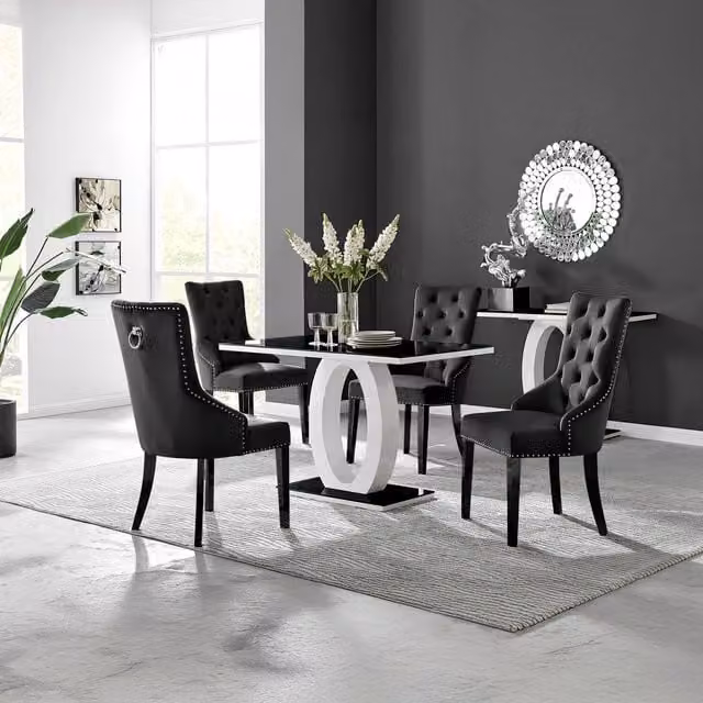 Giovani Black Rectangular Glass Dining Table and 4 Belgravia Black Leg Chairs Set