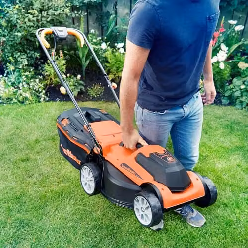 LawnMaster MX 24V 34cm Cordless Lawnmower in Orange with Rechargeable Battery, Fast Charger, Mulching Kit and Collection Bag – 5