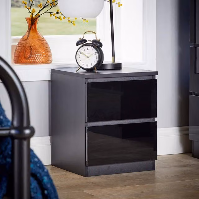 Home Source Lugano 2 Drawer Bedside Cabinet with High Gloss Fronts in Black