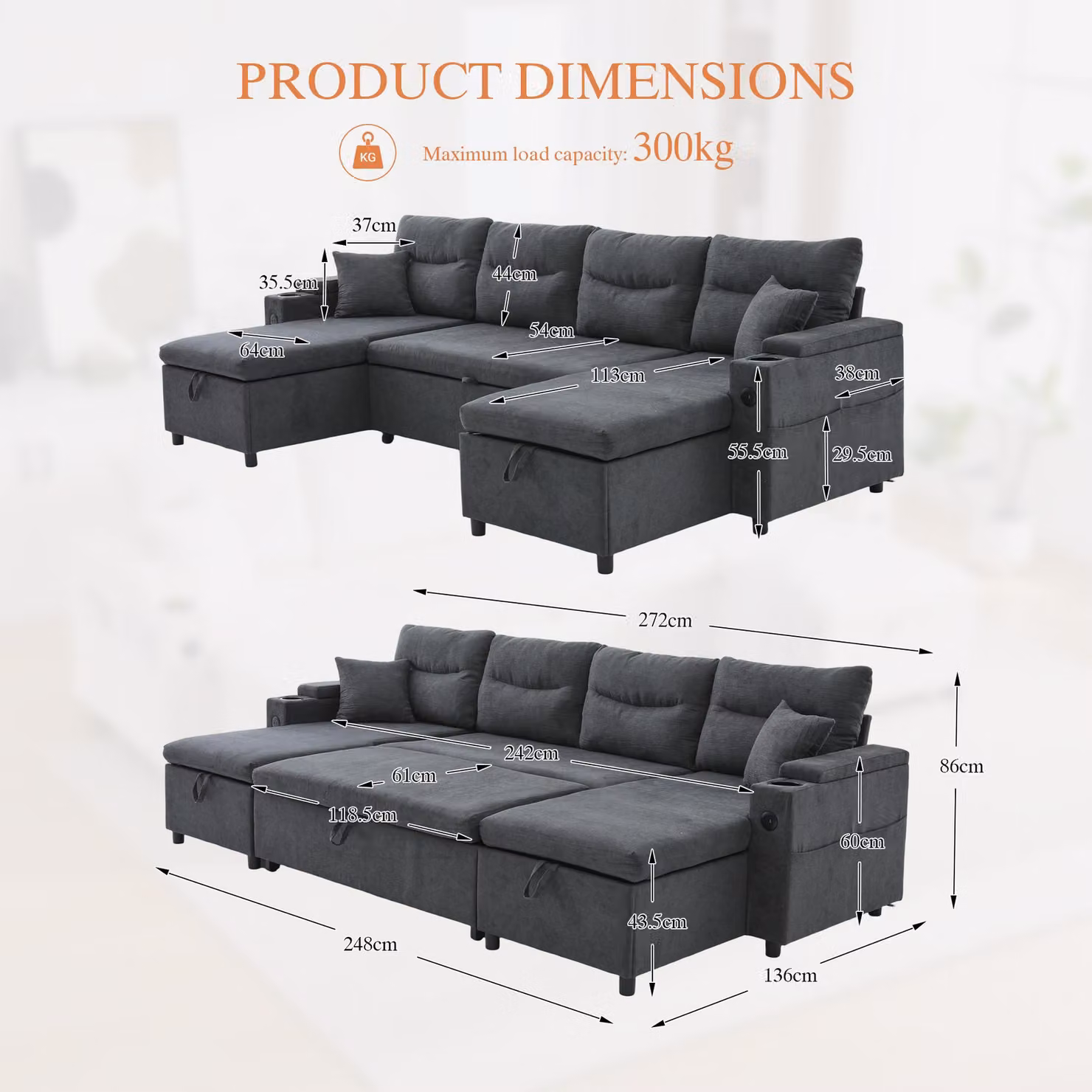 Aosom UK Contemporary 4-Seater U-Shaped Sofa with 2 Chaise Longues in Charcoal Grey, Featuring Ribbed Corduroy Upholstery, Built-in Cup Holders, USB Charging and Sleeping Function, W: 272 cm, D: 136 cm, H: 86 cm – 3
