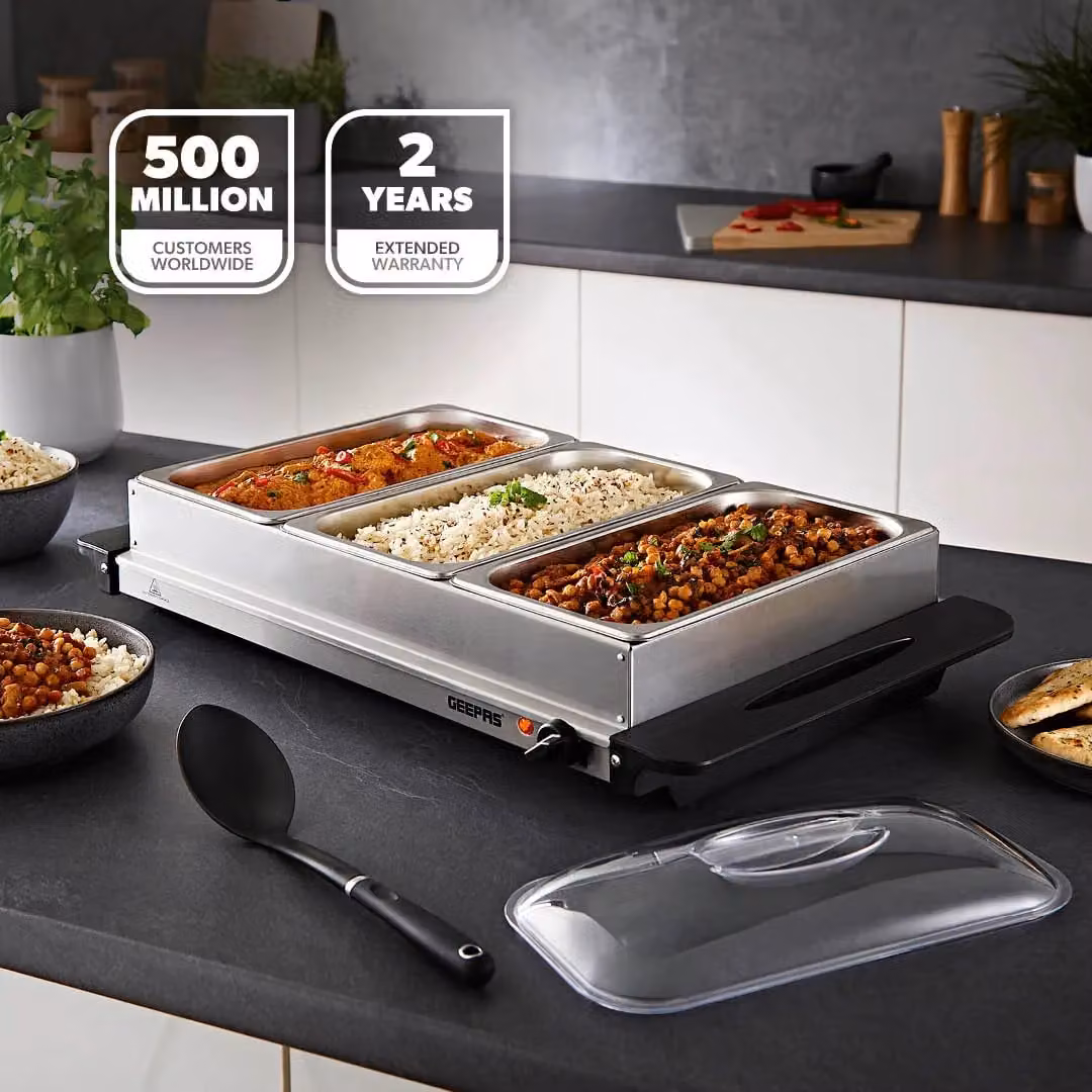 Geepas Electric Stainless Steel Buffet Food Warmers with Lids, Metallic Silver, 3 x 2.4 l – 2