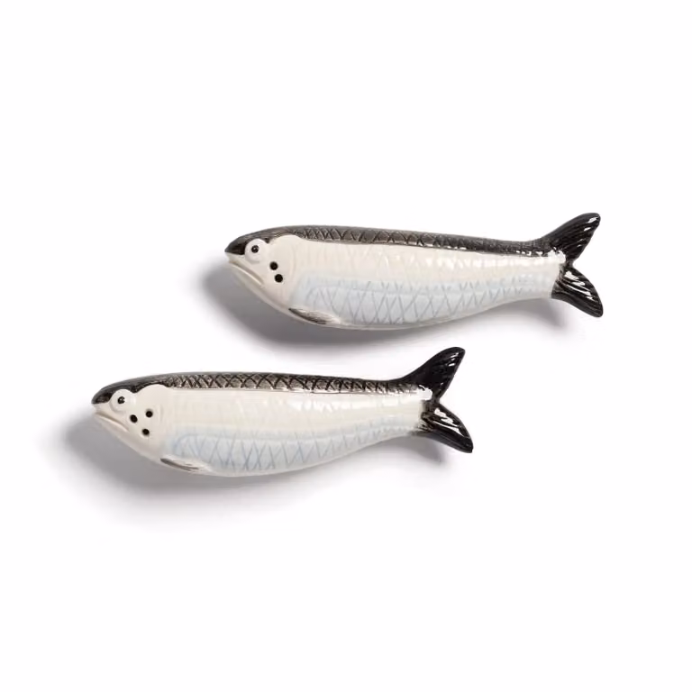 &Klevering Sardine Salt and Pepper Shakers, White Ceramic, Refillable