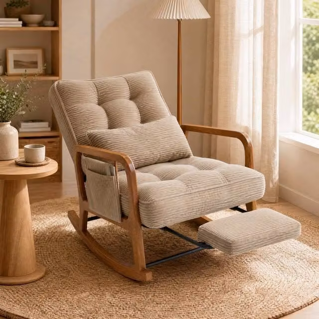 STILVORA Beige Rocking Chair with Adjustable Footrest, Side Pocket and Armrests – 1