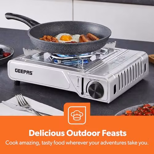 GEEPAS Single Burner Portable Gas Camping Stove and BBQ Cooker with Carry Case in Black and Silver – 5