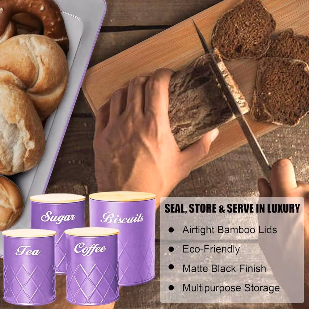 ATEK 5 Piece Purple Kitchen Canister and Bread Bin Set with Bamboo Lids and Airtight Storage – 3