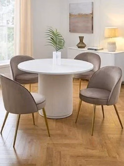 Carina Round Dining Table and 4 Grey Velvet Chairs Set, White and Grey