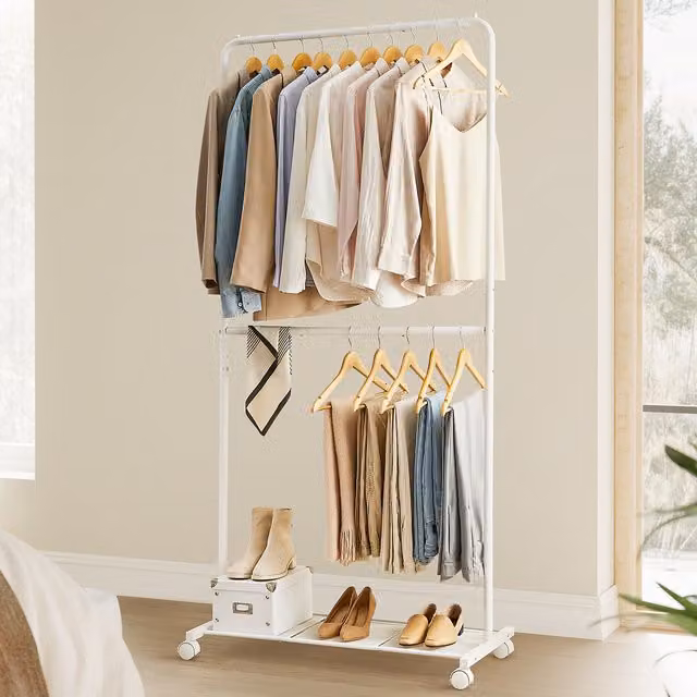 SONGMICS Rolling Clothes Rack with Storage Shelf, White