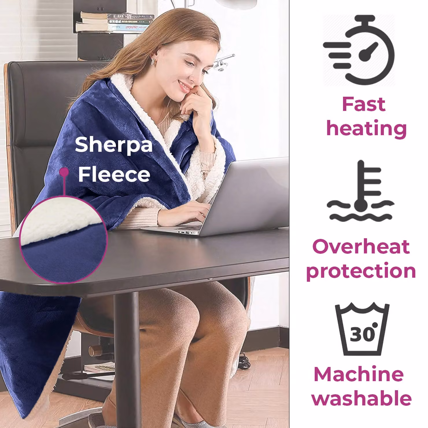 Neo Reversible Electric Heated Sherpa and Flannel Throw Blanket in Dark Blue – 5