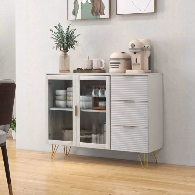 EONLION Modern White and Gold Kitchen Storage Sideboard and Dining Buffet with Metal and Glass Details