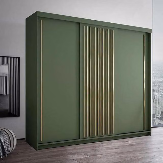 Sliding Wardrobes 4U Modern Green Sliding Wardrobe with Integrated LED Light, W: 250 cm, H: 217 cm, D: 62 cm