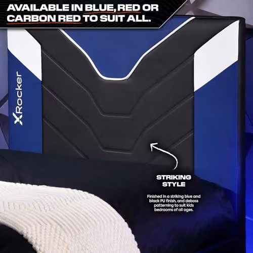 X Rocker Cerberus Twist Blue Upholstered Gaming TV Bed Frame with Underbed Storage and Lighting, W/D/H: 90 x 190 cm – 4