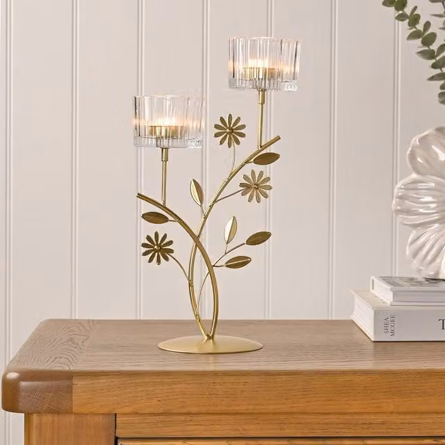 Hestia Gold Floral Double Tealight Candle Holder