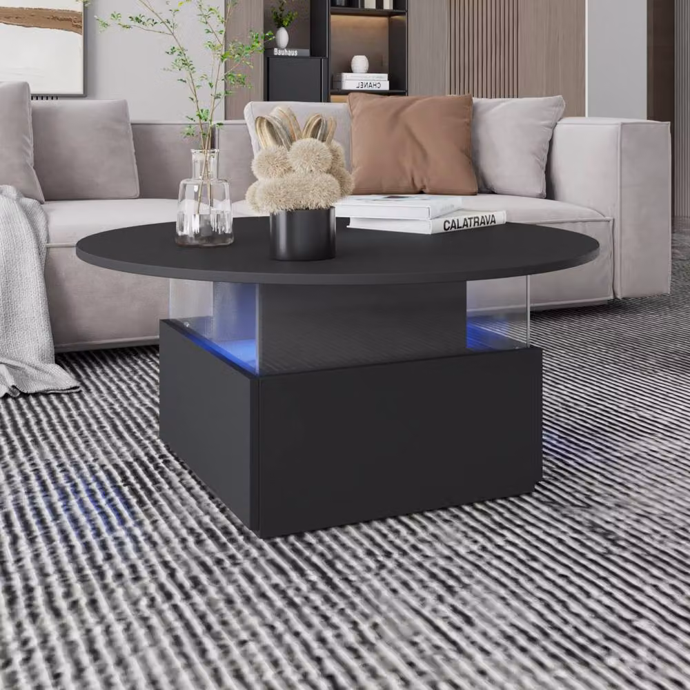 KEEPREAPER Modern Round Coffee Table with Storage and LED in Black – 4