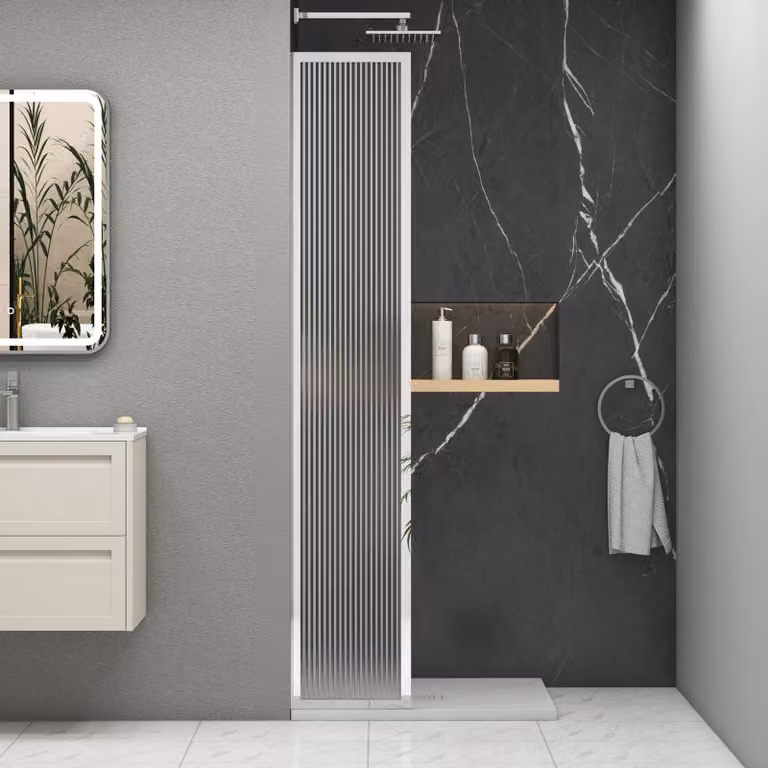 Luxor Fixed Walk-In Wet Room Fluted Shower Screen with Chrome Frame, 8mm Easy Clean Glass, W: 30 cm, H: 195 cm, D: 30 cm