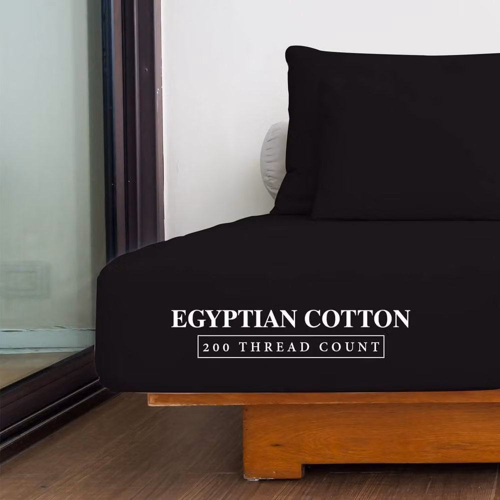 Homes-Linen 100% Egyptian Cotton 200TC Fitted Sheet in Black, Single, Pocket Depth: 30 cm – 2