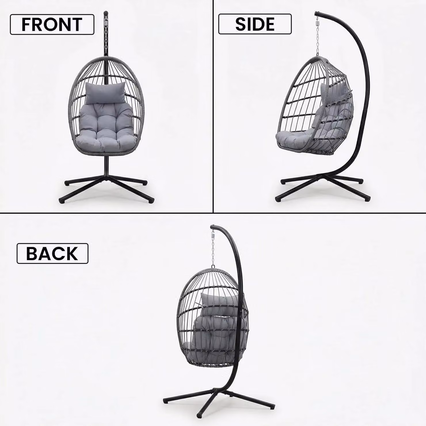 Alivio Grey Hanging Egg Chair with Stand, Weather-Resistant Rattan Swing Chair with Cushions for Indoor and Outdoor Use – 4