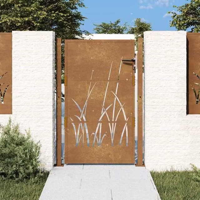 Berkfield Home Corten Steel Garden Gate with Grass Design in Brown, W: 105 cm, H: 130 cm