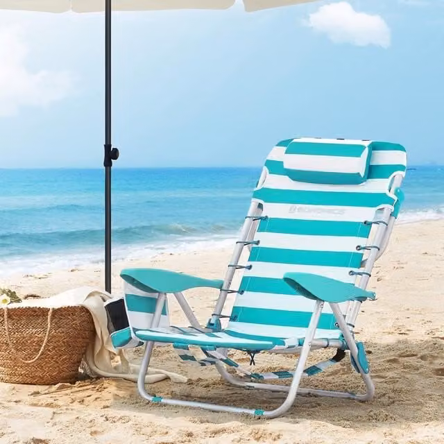 The Bazaarist Folding Beach Chair with Adjustable Headrest, Armrests and Cup Holders in Green and White Stripes