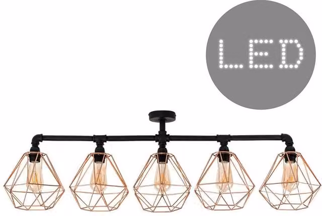ValueLights 5 Way Industrial Pipework Bar Ceiling Light in Satin Black with Copper Basket Cage Shades and Warm White LED Bulbs – 1