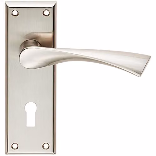 Loops Pair of Angular Lever on Lock Backplate Door Handles in Brushed Satin Nickel, W: 15.0 cm, H: 15.0 cm