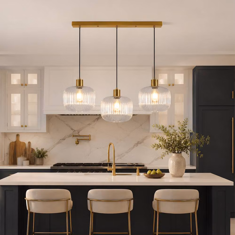 COMELY 3-Light Crystal Pendant Ceiling Light in Gold and Transparent Glass with E27 Base – 3