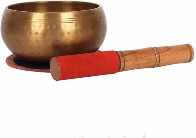 KDMK Gold Beaten Brass Singing Bowl with Mat and Striker for Meditation, Diameter: 12.0 cm, Height: 7.5 cm