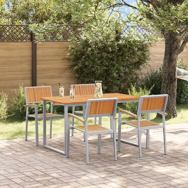 Berkfield Home Garden 5-Piece Modern Grey Powder Coated Steel and Wood Dining Set