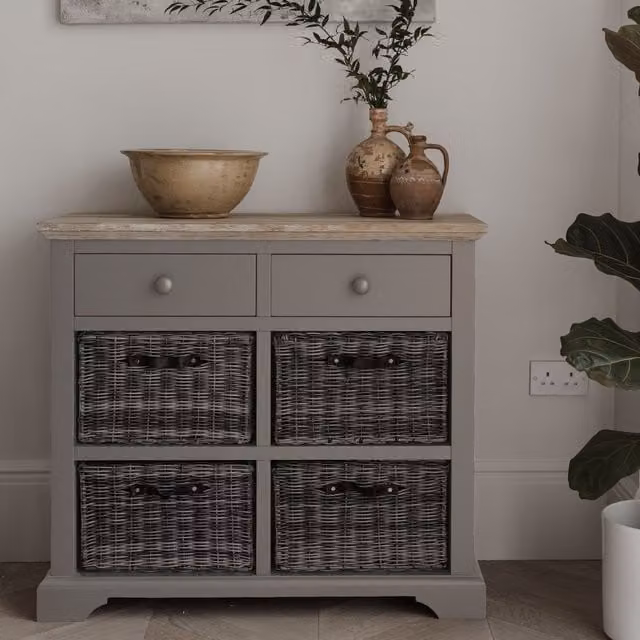 Florence Sideboard with Storage Baskets and Drawers in Dove Grey, Acacia Wood and Metal, W/D/H: 120 x 42 x 85 cm