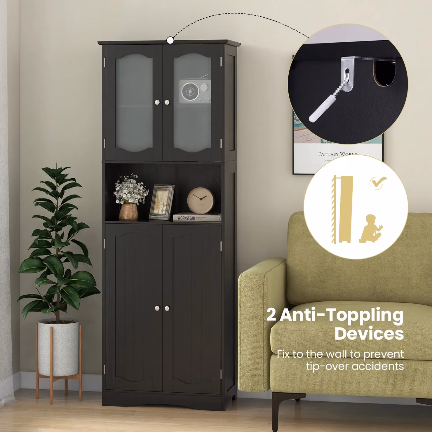 Gymax Tall Black Matt Bathroom and Kitchen Storage Cabinet with Tempered Glass Doors – 7