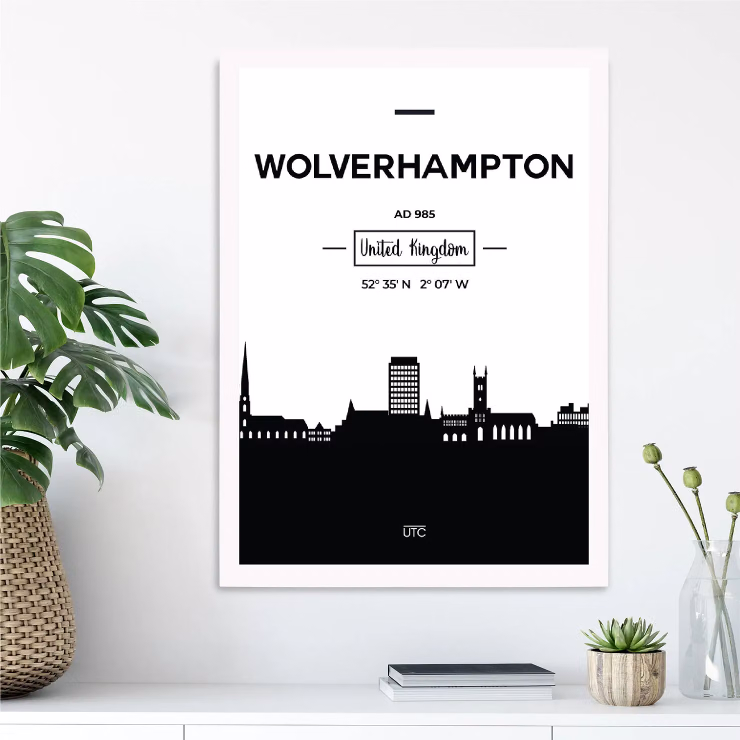 ARTZE Wolverhampton Black and White City Skyline Framed Print, White Frame, A2 – 2